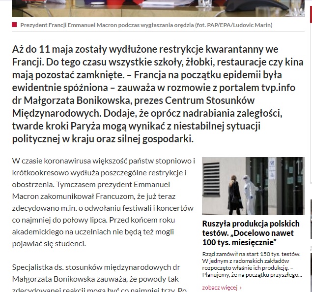 „Koronawirus uderzył w opiekę zdrowotną i ochronę granic państwowych, a w tych zakresach UE nie ma kompetencji” – dr Małgorzata Bonikowska dla portalu tvp.info [15.04.2020]