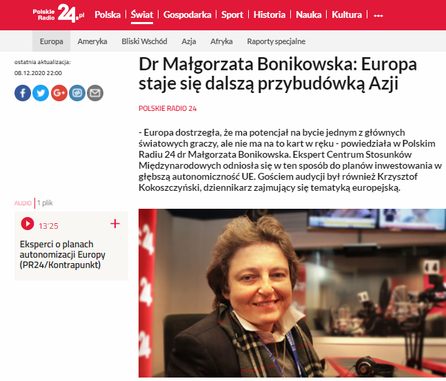 „Europa dostrzegła, że ma potencjał na bycie jednym z głównych światowych graczy, ale nie ma na to kart w ręku” – powiedziała prezes CSM dr Małgorzata Bonikowska [08.12.2020]