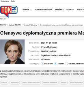 „Łukaszenka bez poparcia Rosji nie prowadziłby tej akcji” – powiedziała dr Bonikowska, prezes CSM, o sytuacji na granicy polsko-białoruskiej w audycji Polskiego Radia [25.11.2021]