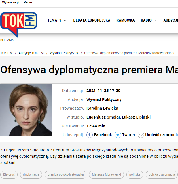 Eugeniusz Smolar, ekspert CSM, o ofensywie dyplomatycznej premiera Morawieckiego na antenie TOK FM [25.11.2021]