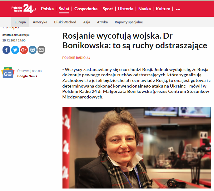 „Z punktu widzenia Rosjan Zachód jest dzisiaj osłabiony” – zauważyła dr Małgorzata Bonikowska, prezes CSM, w audycji Polskiego Radia 24 [25.12.2021]