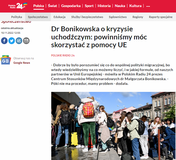 „Dobrze by było porozumieć się co do wspólnej polityki migracyjnej, bo wtedy wiedzielibyśmy na co możemy liczyć” – dr Małgorzata Bonikowska na antenie Polskiego Radia 24 [10.11.2022]