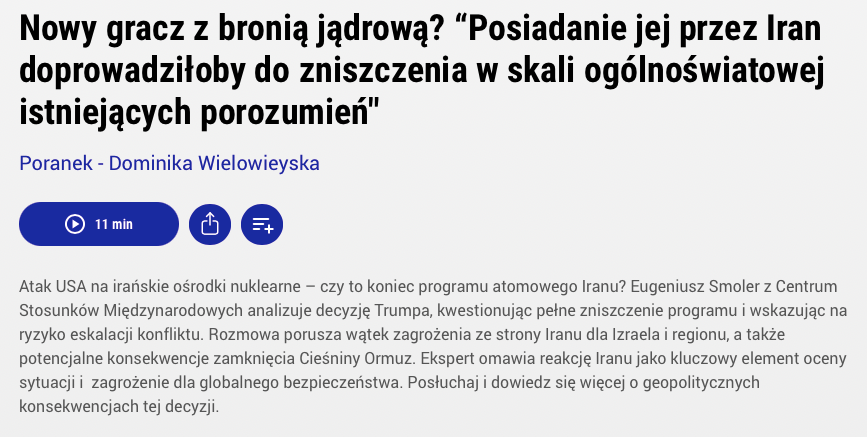 Nowy gracz z bronią jądrową? “Posiadanie jej przez Iran doprowadziłoby do zniszczenia w skali ogólnoświatowej istniejących porozumień” – Eugeniusz Smolar dla TOK FM